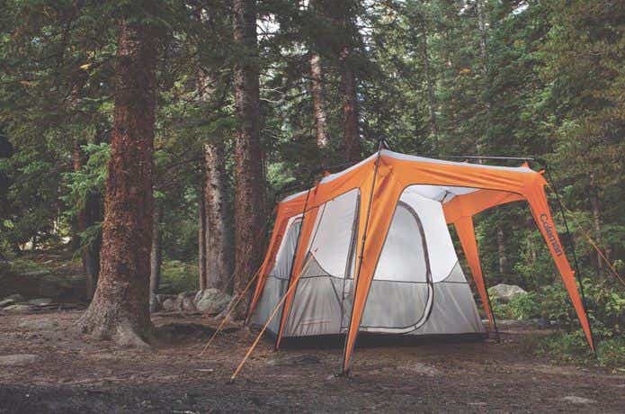 森の中に設置されているオレンジと白色のテント