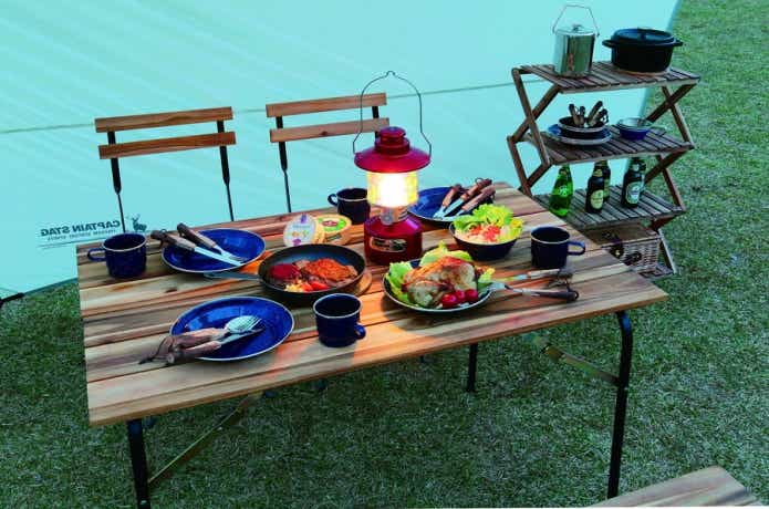 キャプテンスタッグ 　ツインライトLEDランタン　木製テーブル、キャンプチェア、シェルフ　アウトドア用品