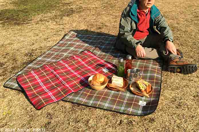 レジャーシート大小、サンドイッチ、お茶、シートに座る人