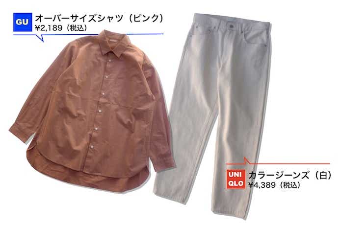 GUのオーバーサイズシャツとユニクロのカラージーンズ