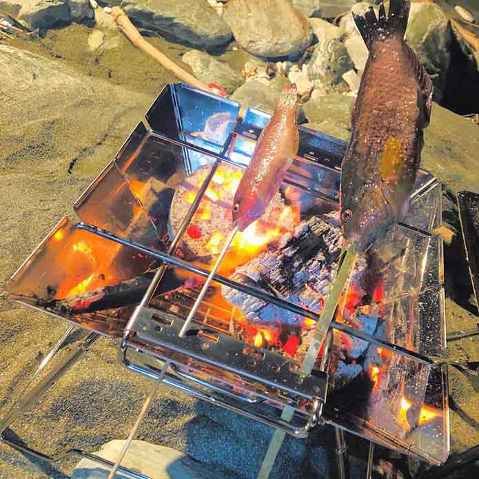 ロゴス「the ピラミッドTAKIBI M」 串焼きプレートで魚の串焼きをする様子