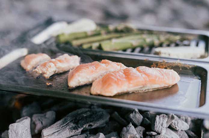 ウルフ&グリズリー「グリル M1 エクステンション」 魚と野菜を焼く様子