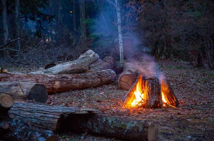 原木を使って焚き火