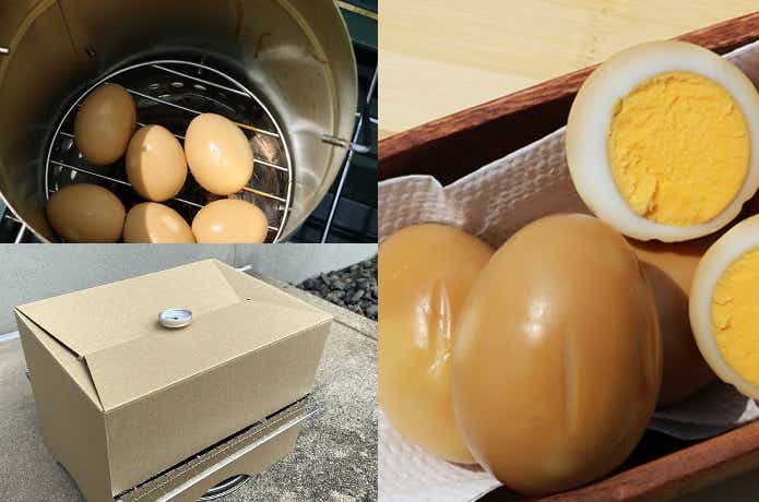 燻製の様子と燻製卵のコラージュ