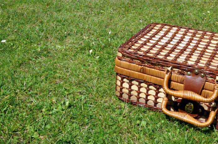 芝生に置かれたピクニックバスケット