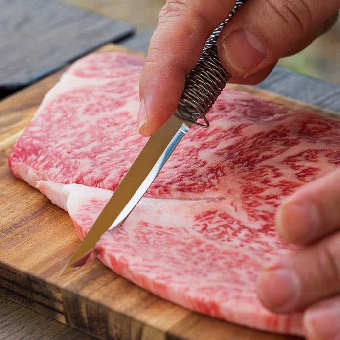 福善 調理用ナイフ「銀閃花」で肉をきるシーン