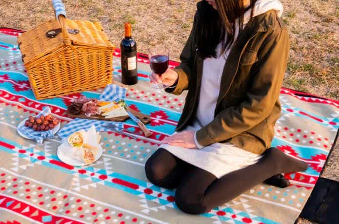 レジャーシートの上でワインを飲む女性