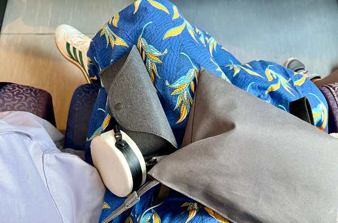 無印良品のコットンウェルダーラウンドケースとアイグラスケース、撥水サコッシュの着画