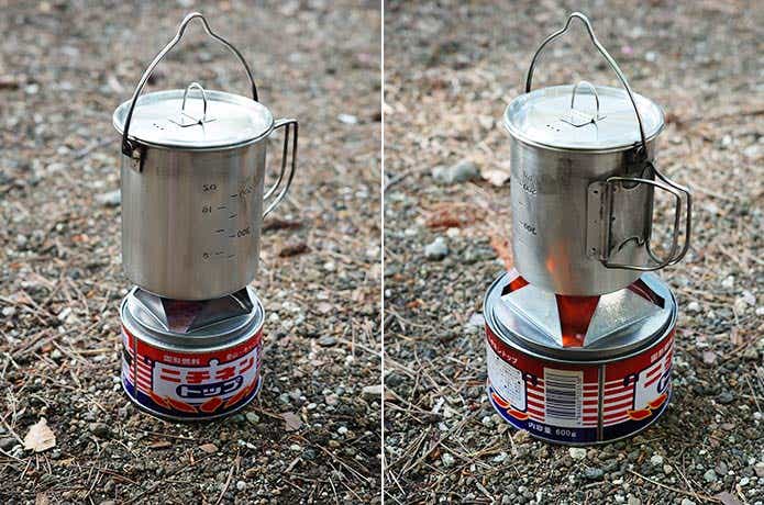 2種類の固形燃料に置いたケトル