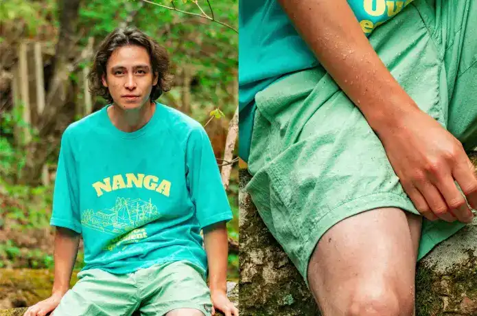 ナンガ「ナイロンタッサー イージーショーツ」を履く男性