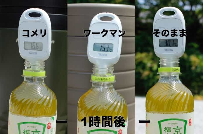3本のペットボトルの温度を測っている