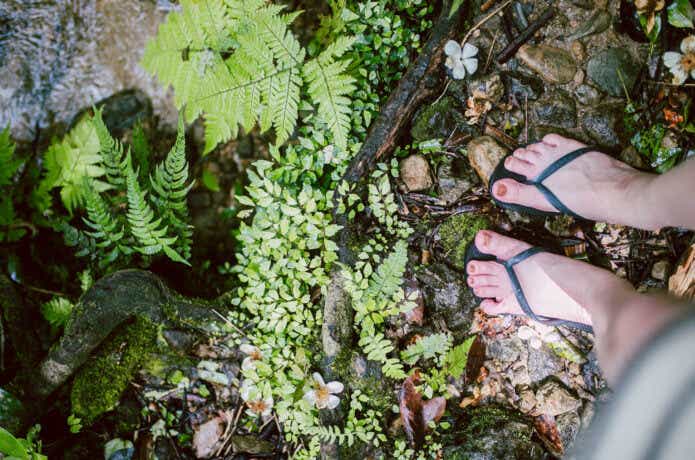 水辺でビーサンを履いている