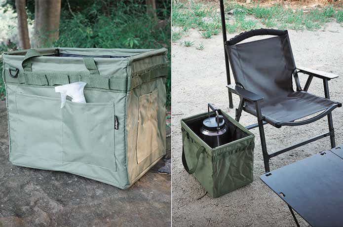 折りたたみ式コンテナバッグのポケットとチェア横に置いたシーン