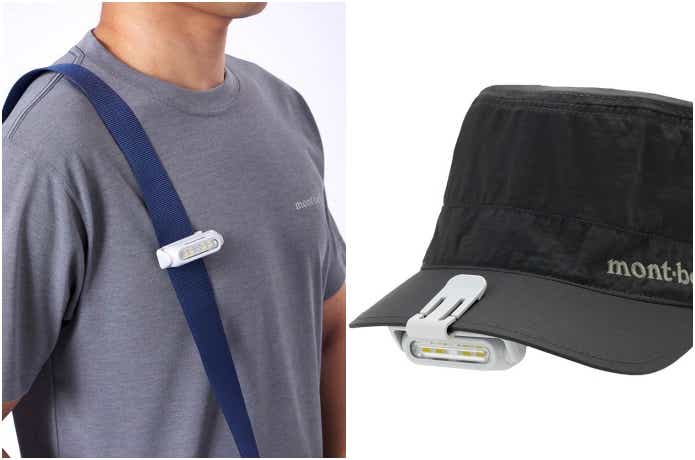 クリップオンコンパクトライトをカバン、帽子のツバにつけている