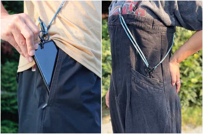 肩掛けした際にスマホがポケットに収まる