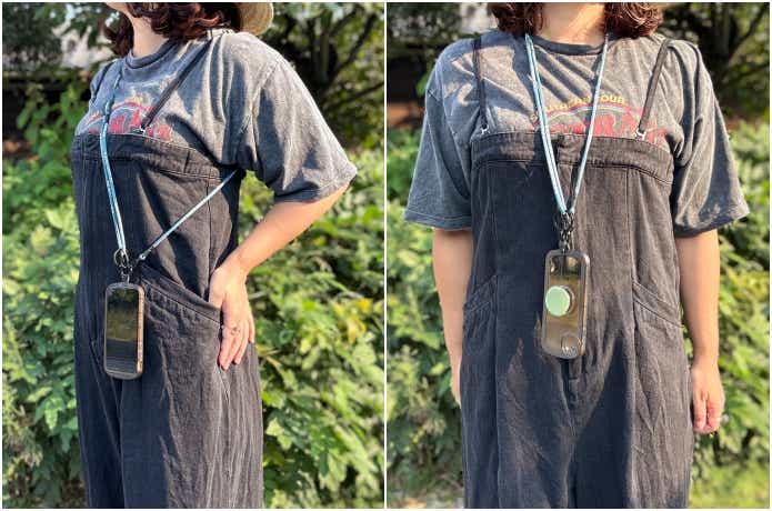 斜めがけしている、首かけしている