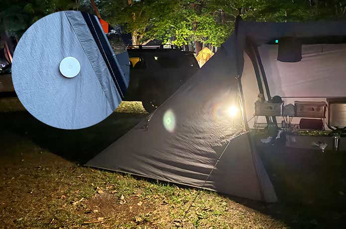 テントに貼り付けたセンサーライト円形