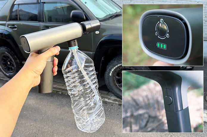 手に持ったポケッタブル高圧洗浄機と本体一部