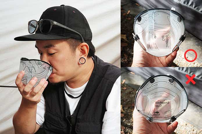 スナップフォールドカップで水を飲む