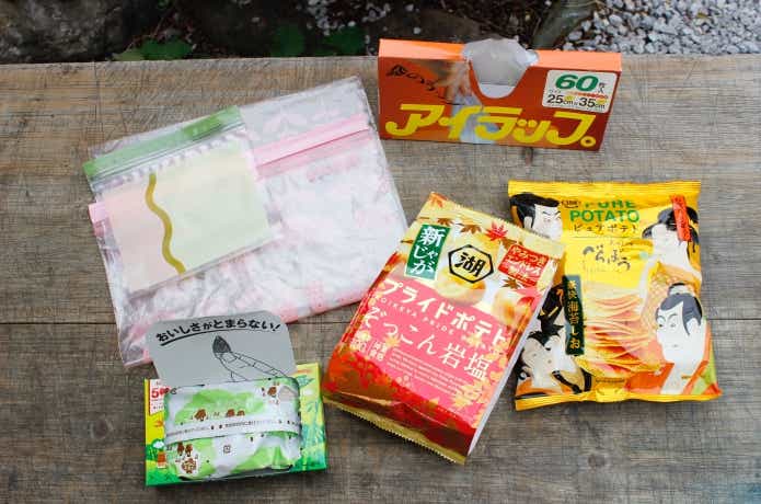 各種ポテトチップス、ジッパーバッグ、アイラップ