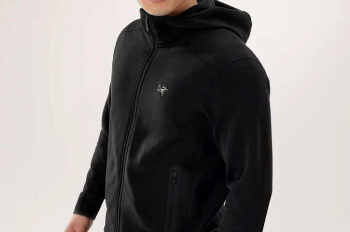 黒のアークテリクス カイヤナイト フーディ メンズを着た人