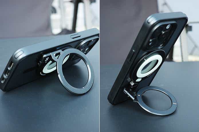 aulumuのスマホリングを取り付けた横置きと縦置きのスマホ