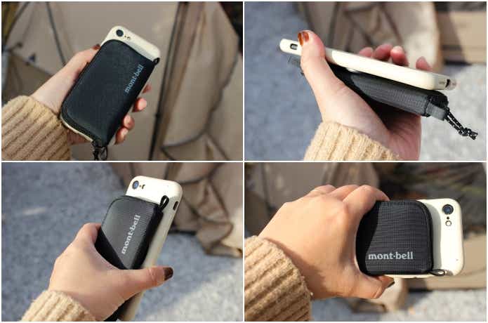 スマホとMagSafe化したモンベル財布を片手で持っている