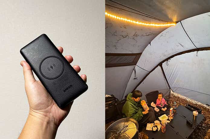 モバイルバッテリーとテント内のハンギングテープライト