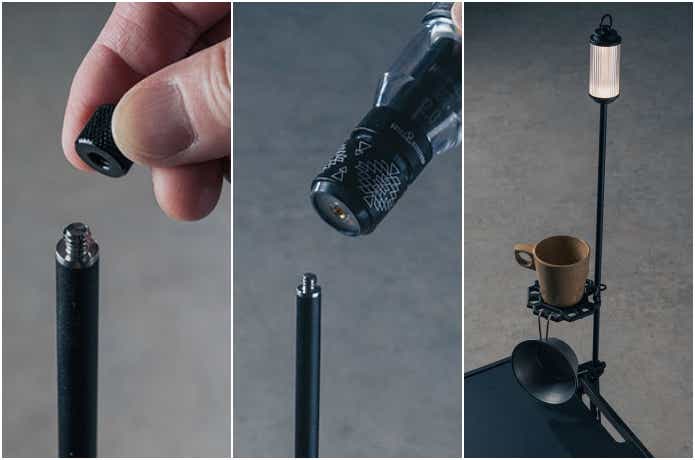 ポールのトップキャップを取り外してLEDランタンを取り付けている