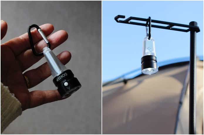 カラビナを装着してランタンハンガーに吊り下げている