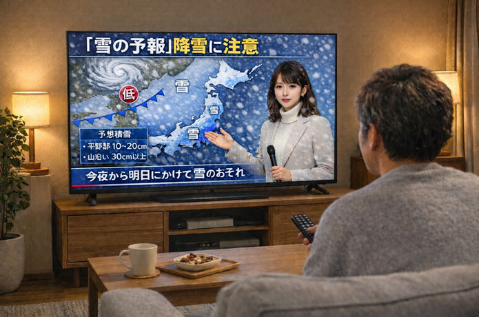 降雪予報のニュースを観る男性
