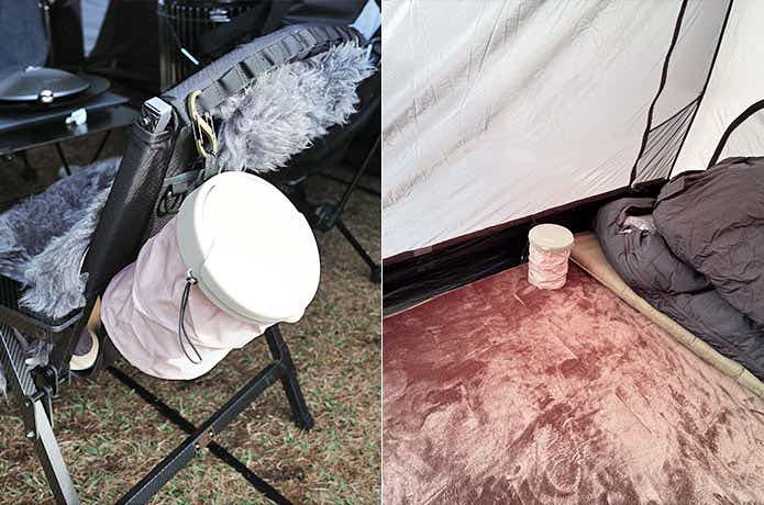 チェアに取り付けたCARスマートダストボックスとインナーテント内のCARスマートダストボックス