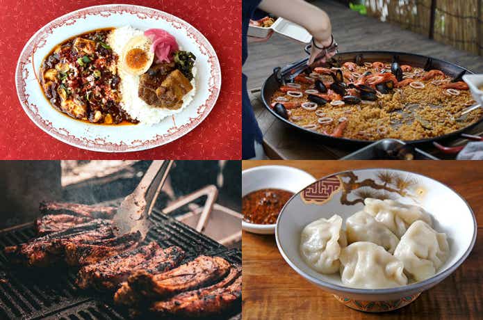 麻婆豆腐、パエリア、スペアリブ、水餃子の写真