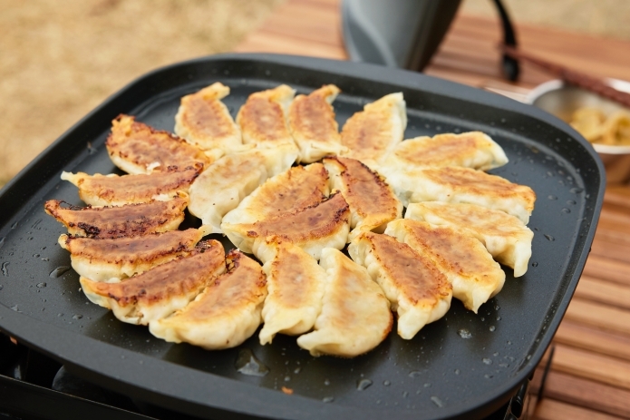 鉄板に並べられた焼き餃子