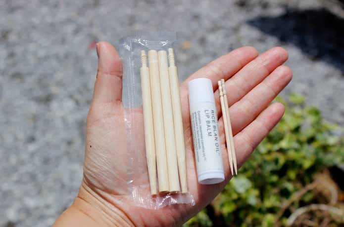 収納状態で爪楊枝、リップクリームと大きさ比較