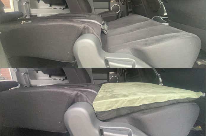 くるまドットコム「車中泊用インフレータブル段差解消マット」デリカD:5後部座席ビフォーアフター