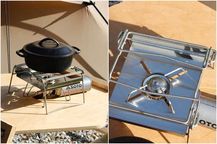 カコムベーススタンドに小型ダッチオーブンを載せている