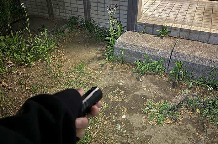 ライトで照らしたトイレ入り口