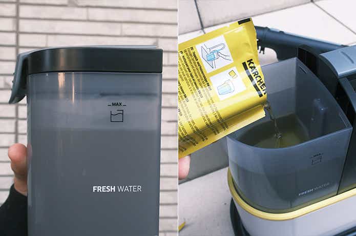 給水したタンクと洗浄液を入れてるタンク