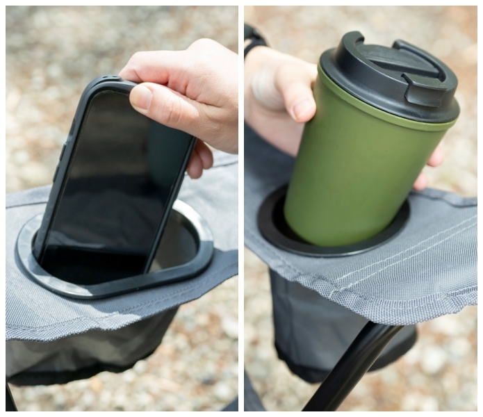 チェアの肘掛けにスマートフォンやドリンクを収納しているイメージ