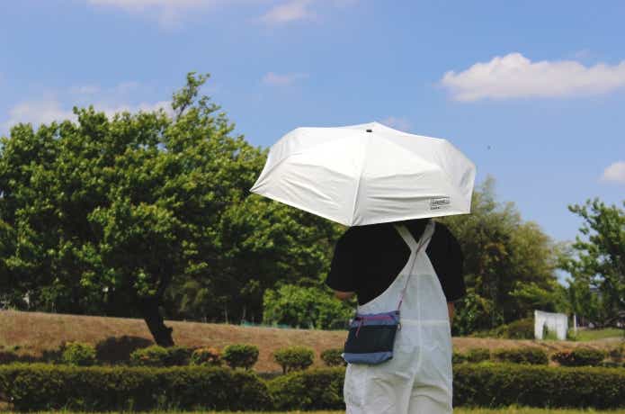 晴雨兼用・自動開閉折りたたみ傘をさしている