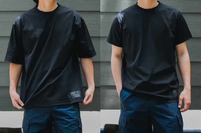 黒のルーズなTシャツとタイトなTシャツを着ている男性