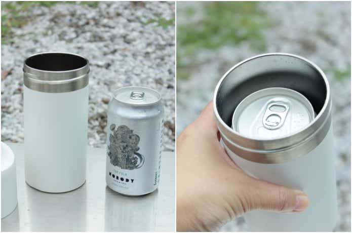 ペットボトルホルダーに350缶ビールを入れている