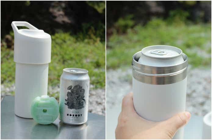 ペットボトルホルダーに350缶ビールと氷点下パックコンパクトを入れている