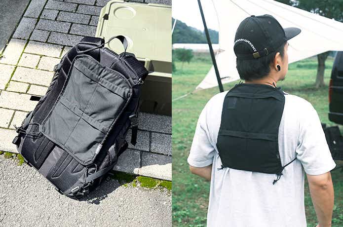 バッグに取り付けたヒエールバックスーと背負ったヒエールバックスー