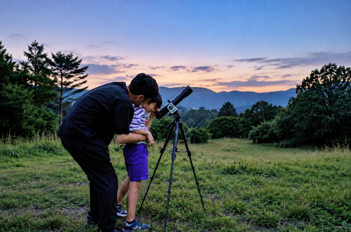 望遠鏡を覗く父と子