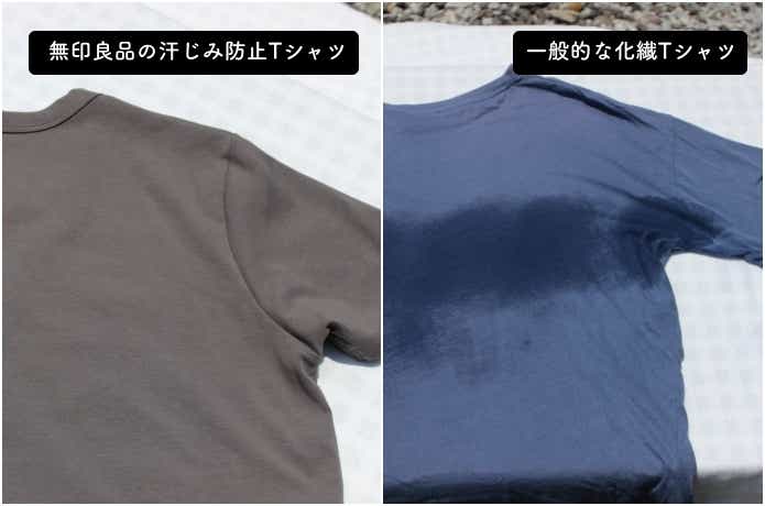 一般的な化繊Tシャツと汗じみ具合を比較