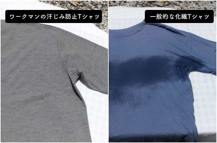 一般的な化繊Tシャツと汗じみ具合を比較
