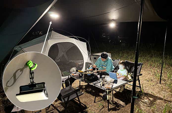 タープに挟んたMAGBINERとLEDライト